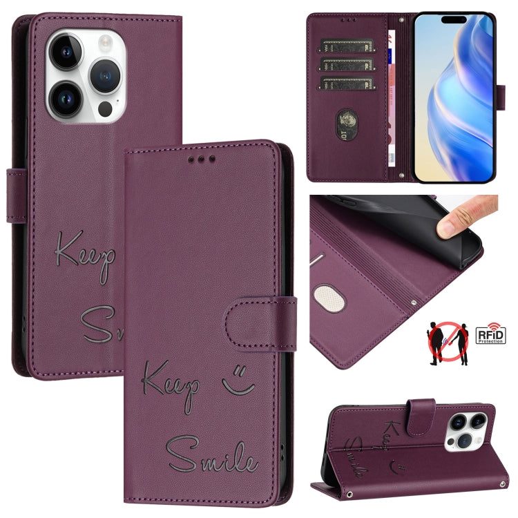 غطاء هاتف جلدي بنقش ابتسامة مع RFID، لـ iPhone 16، iPhone 15 Pro Max، iPhone 15 Pro، iPhone 15 Plus، iPhone 15، iPhone 14 Plus، iPhone 14 / 13، iPhone 14 Pro