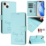 غطاء هاتف جلدي بنقش ابتسامة مع RFID، لـ iPhone 16، iPhone 15 Pro Max، iPhone 15 Pro، iPhone 15 Plus، iPhone 15، iPhone 14 Plus، iPhone 14 / 13، iPhone 14 Pro
