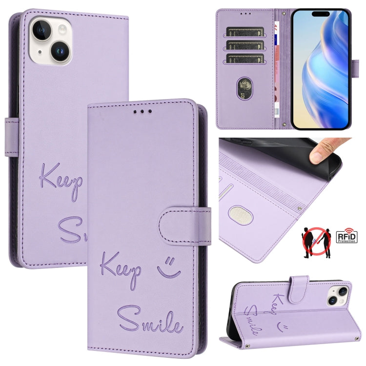 غطاء هاتف جلدي بنقش ابتسامة مع RFID، لـ iPhone 16، iPhone 15 Pro Max، iPhone 15 Pro، iPhone 15 Plus، iPhone 15، iPhone 14 Plus، iPhone 14 / 13، iPhone 14 Pro