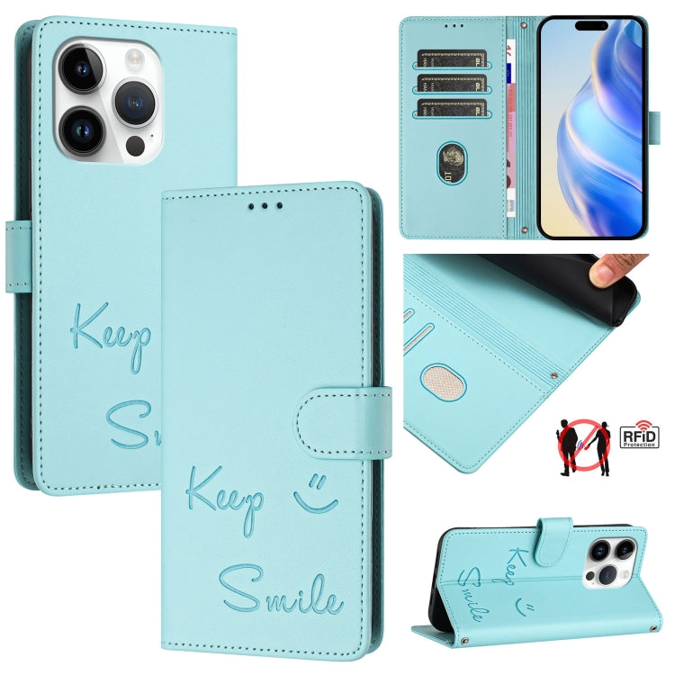 غطاء هاتف جلدي بنقش ابتسامة مع RFID، لـ iPhone 16، iPhone 15 Pro Max، iPhone 15 Pro، iPhone 15 Plus، iPhone 15، iPhone 14 Plus، iPhone 14 / 13، iPhone 14 Pro