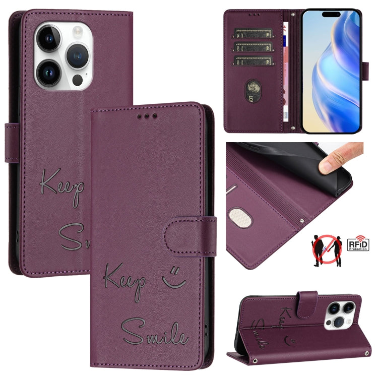 غطاء هاتف جلدي بنقش ابتسامة مع RFID، لـ iPhone 16، iPhone 15 Pro Max، iPhone 15 Pro، iPhone 15 Plus، iPhone 15، iPhone 14 Plus، iPhone 14 / 13، iPhone 14 Pro