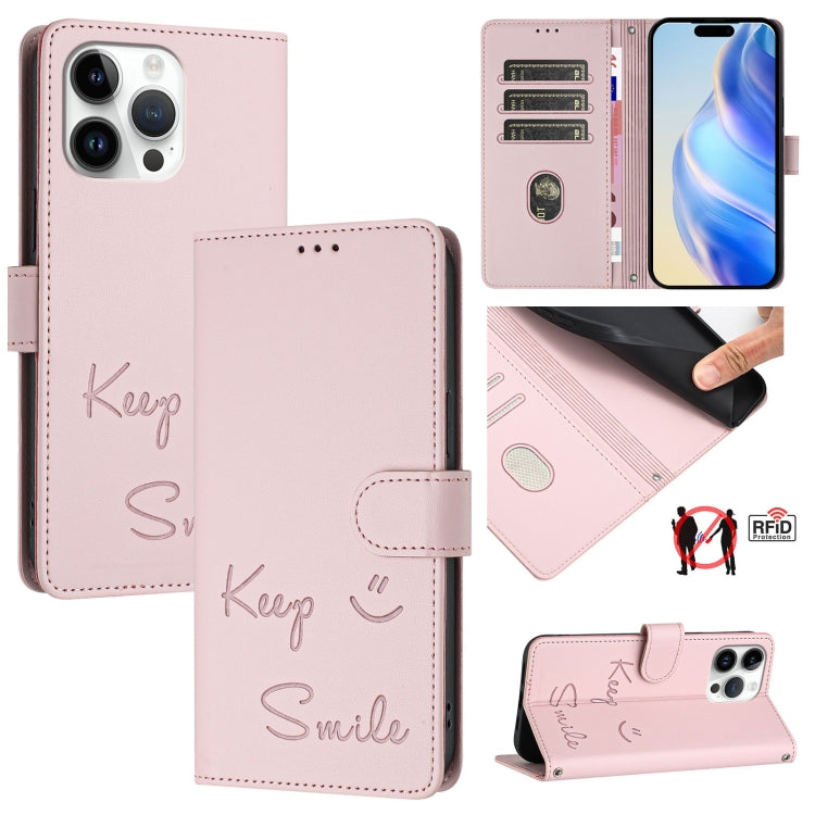 غطاء هاتف جلدي بنقشة ابتسامة مع حماية RFID، لأجهزة iPhone 14 Pro Max، iPhone SE 2022 / 2020 / 8 / 7، iPhone 13 Pro Max، iPhone 13 Pro، iPhone 13 mini، iPhone 12 / 12 Pro، iPhone 12 Pro Max، iPhone 12 mini