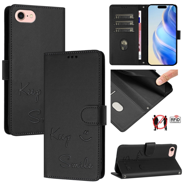 غطاء هاتف جلدي بنقشة ابتسامة مع حماية RFID، لأجهزة iPhone 14 Pro Max، iPhone SE 2022 / 2020 / 8 / 7، iPhone 13 Pro Max، iPhone 13 Pro، iPhone 13 mini، iPhone 12 / 12 Pro، iPhone 12 Pro Max، iPhone 12 mini