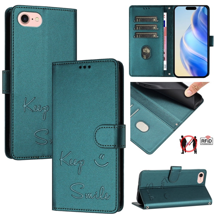 غطاء هاتف جلدي بنقشة ابتسامة مع حماية RFID، لأجهزة iPhone 14 Pro Max، iPhone SE 2022 / 2020 / 8 / 7، iPhone 13 Pro Max، iPhone 13 Pro، iPhone 13 mini، iPhone 12 / 12 Pro، iPhone 12 Pro Max، iPhone 12 mini