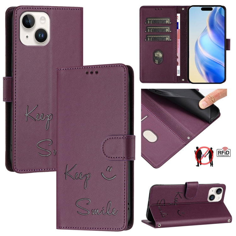 غطاء هاتف جلدي بنقشة ابتسامة مع حماية RFID، لأجهزة iPhone 14 Pro Max، iPhone SE 2022 / 2020 / 8 / 7، iPhone 13 Pro Max، iPhone 13 Pro، iPhone 13 mini، iPhone 12 / 12 Pro، iPhone 12 Pro Max، iPhone 12 mini