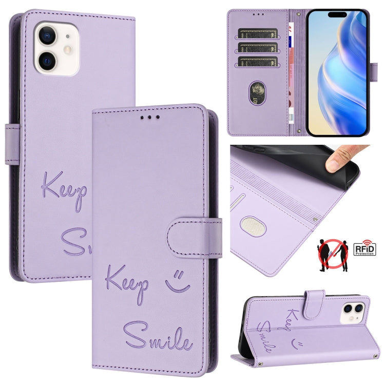 غطاء هاتف جلدي بنقشة ابتسامة مع حماية RFID، لأجهزة iPhone 14 Pro Max، iPhone SE 2022 / 2020 / 8 / 7، iPhone 13 Pro Max، iPhone 13 Pro، iPhone 13 mini، iPhone 12 / 12 Pro، iPhone 12 Pro Max، iPhone 12 mini