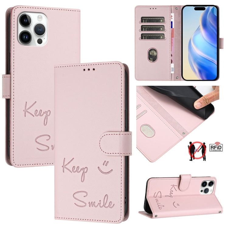 غطاء هاتف جلدي بنقشة ابتسامة مع حماية RFID، لأجهزة iPhone 14 Pro Max، iPhone SE 2022 / 2020 / 8 / 7، iPhone 13 Pro Max، iPhone 13 Pro، iPhone 13 mini، iPhone 12 / 12 Pro، iPhone 12 Pro Max، iPhone 12 mini