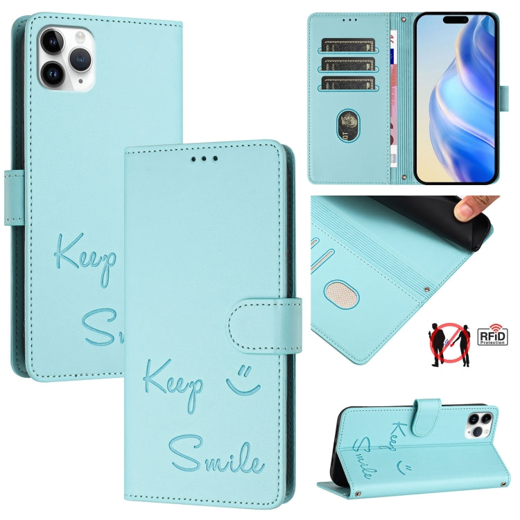 غطاء هاتف جلدي بنقشة ابتسامة مع حماية RFID، لأجهزة iPhone 11 Pro Max، iPhone 11، iPhone 11 Pro، iPod Touch 7 / 6 / 5، iPhone X / XS، iPhone XR، iPhone XS Max، iPhone 8 Plus / 7 Plus