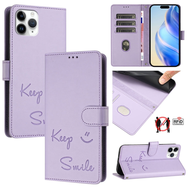 غطاء هاتف جلدي بنقشة ابتسامة مع حماية RFID، لأجهزة iPhone 11 Pro Max، iPhone 11، iPhone 11 Pro، iPod Touch 7 / 6 / 5، iPhone X / XS، iPhone XR، iPhone XS Max، iPhone 8 Plus / 7 Plus