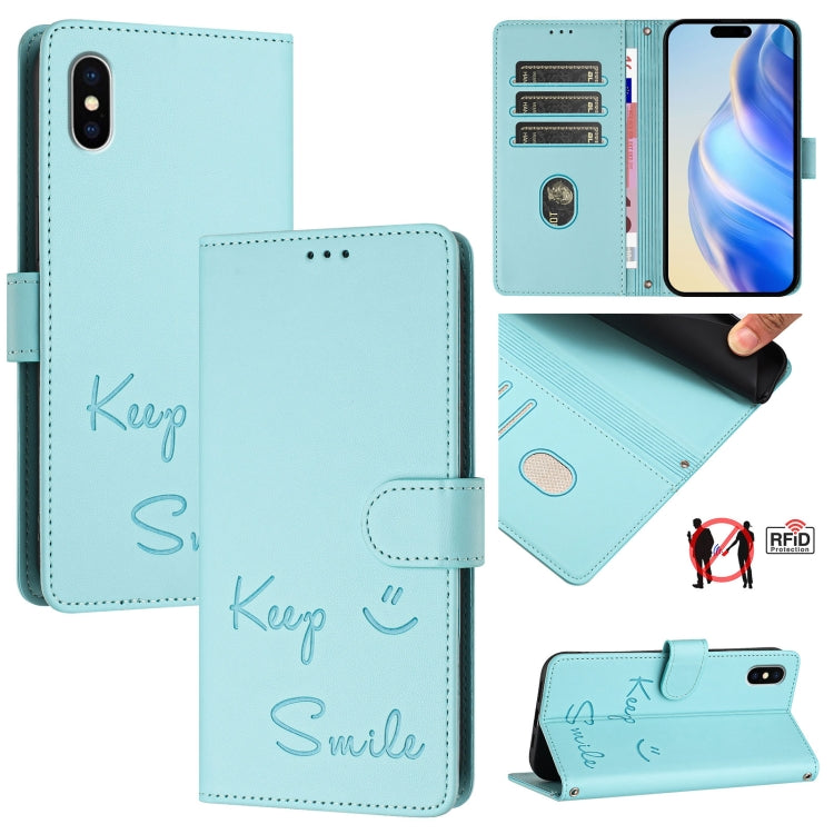 غطاء هاتف جلدي بنقشة ابتسامة مع حماية RFID، لأجهزة iPhone 11 Pro Max، iPhone 11، iPhone 11 Pro، iPod Touch 7 / 6 / 5، iPhone X / XS، iPhone XR، iPhone XS Max، iPhone 8 Plus / 7 Plus