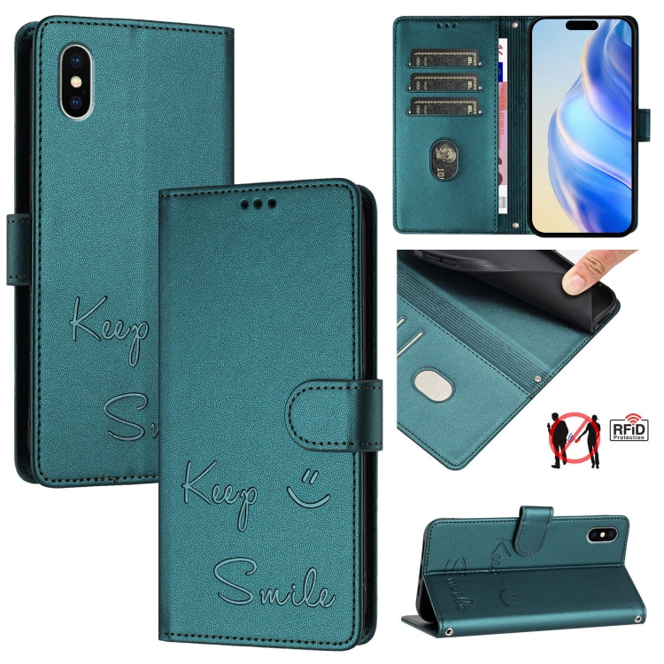 غطاء هاتف جلدي بنقشة ابتسامة مع حماية RFID، لأجهزة iPhone 11 Pro Max، iPhone 11، iPhone 11 Pro، iPod Touch 7 / 6 / 5، iPhone X / XS، iPhone XR، iPhone XS Max، iPhone 8 Plus / 7 Plus