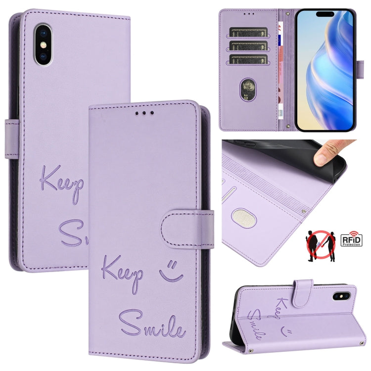 غطاء هاتف جلدي بنقشة ابتسامة مع حماية RFID، لأجهزة iPhone 11 Pro Max، iPhone 11، iPhone 11 Pro، iPod Touch 7 / 6 / 5، iPhone X / XS، iPhone XR، iPhone XS Max، iPhone 8 Plus / 7 Plus