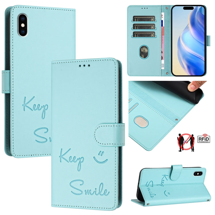 غطاء هاتف جلدي بنقشة ابتسامة مع حماية RFID، لأجهزة iPhone 11 Pro Max، iPhone 11، iPhone 11 Pro، iPod Touch 7 / 6 / 5، iPhone X / XS، iPhone XR، iPhone XS Max، iPhone 8 Plus / 7 Plus