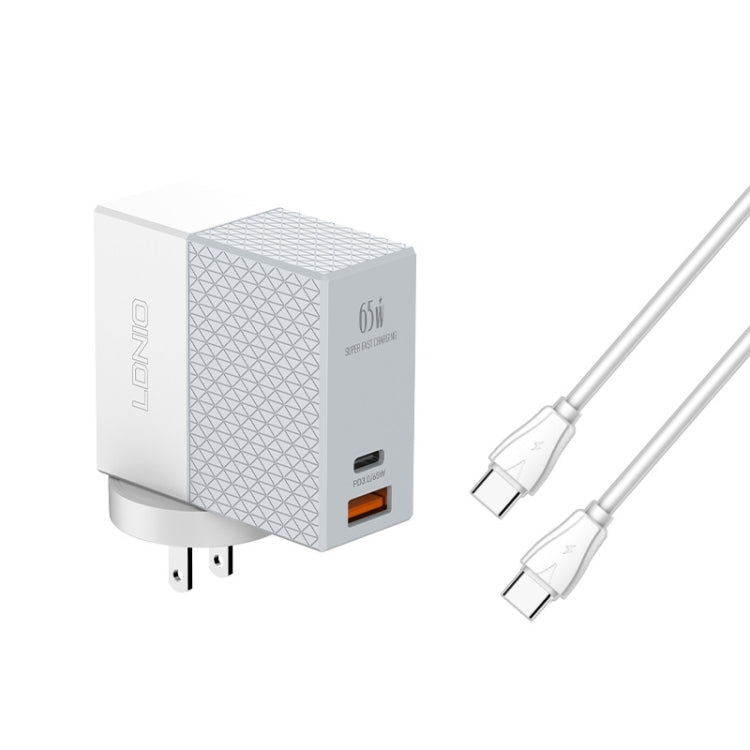 شاحن سفر LDNIO A2620C PD3.0 بقوة 65 واط مع كابل Type-C إلى Type-C، قابس الاتحاد الأوروبي، قابس الولايات المتحدة، قابس المملكة المتحدة