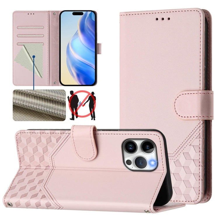 غطاء هاتف جلدي بنقش خلية النحل مع تقنية RFID، لهواتف iPhone 14 Pro Max، iPhone SE 2022 / 2020 / 8 / 7، iPhone 13 Pro Max، iPhone 13 Pro، iPhone 13 mini، iPhone 12 / 12 Pro، iPhone 12 Pro Max، iPhone 12 mini