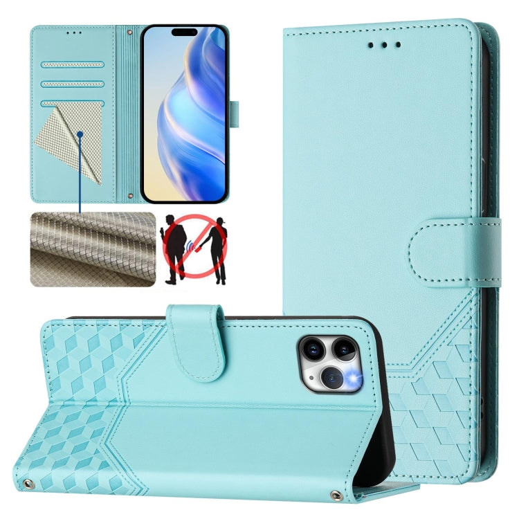 غطاء هاتف جلدي بنقش خلية النحل مع تقنية RFID، لهواتف iPhone 11 Pro Max، iPhone 11، iPhone 11 Pro، iPhone X / XS، iPhone XR، iPhone XS Max، iPhone 8 Plus / 7 Plus