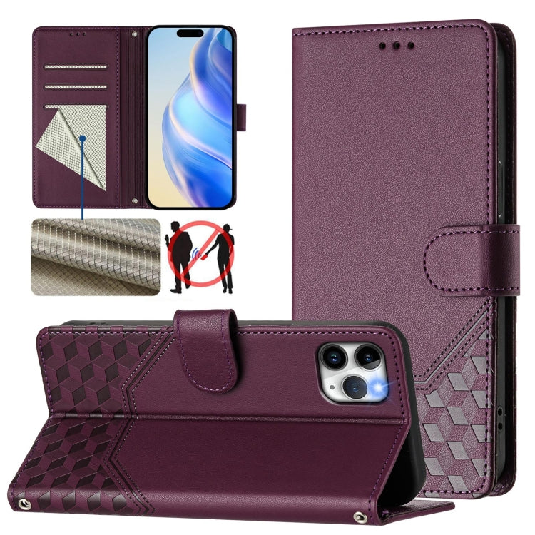 غطاء هاتف جلدي بنقش خلية النحل مع تقنية RFID، لهواتف iPhone 11 Pro Max، iPhone 11، iPhone 11 Pro، iPhone X / XS، iPhone XR، iPhone XS Max، iPhone 8 Plus / 7 Plus