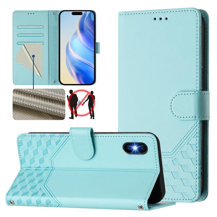غطاء هاتف جلدي بنقش خلية النحل مع تقنية RFID، لهواتف iPhone 11 Pro Max، iPhone 11، iPhone 11 Pro، iPhone X / XS، iPhone XR، iPhone XS Max، iPhone 8 Plus / 7 Plus