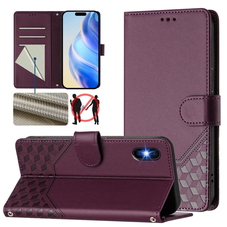 غطاء هاتف جلدي بنقش خلية النحل مع تقنية RFID، لهواتف iPhone 11 Pro Max، iPhone 11، iPhone 11 Pro، iPhone X / XS، iPhone XR، iPhone XS Max، iPhone 8 Plus / 7 Plus