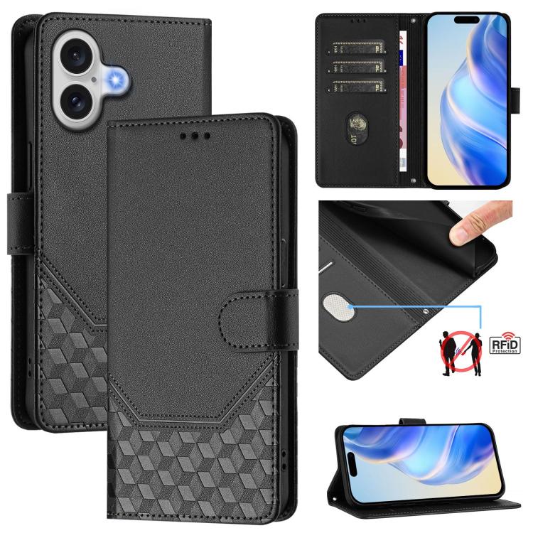 غطاء هاتف جلدي بنقش خلية النحل مع حماية RFID، لهواتف iPhone 17e / 16e، iPhone 17 Pro Max، iPhone 17 Pro، iPhone 17، iPhone Air، iPhone 16 Pro Max، iPhone 16 Pro، iPhone 16 Plus