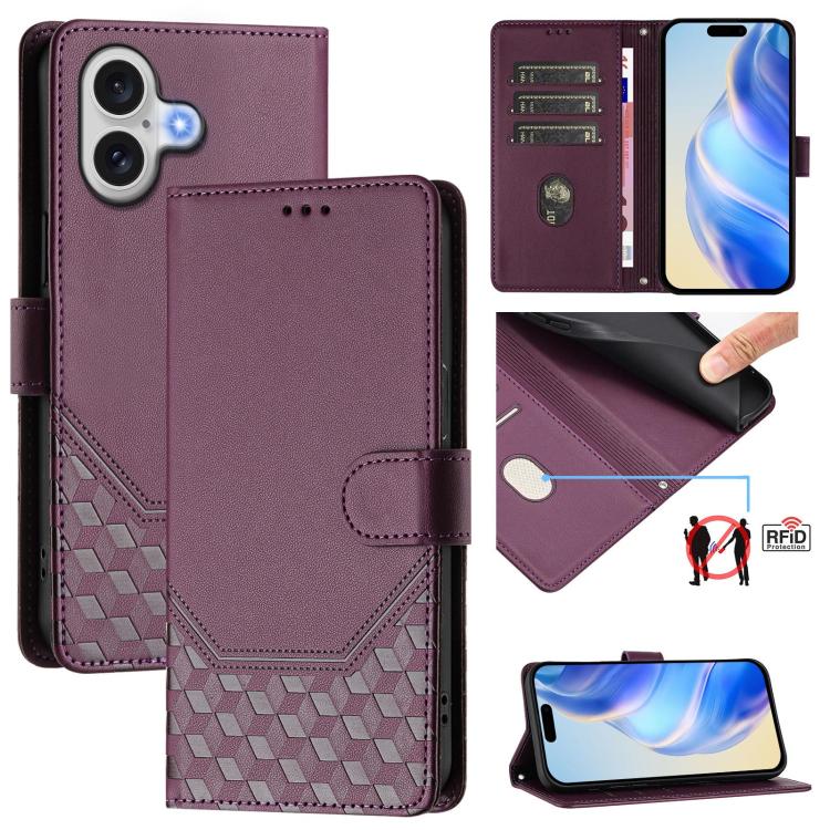 غطاء هاتف جلدي بنقش خلية النحل مع حماية RFID، لهواتف iPhone 17e / 16e، iPhone 17 Pro Max، iPhone 17 Pro، iPhone 17، iPhone Air، iPhone 16 Pro Max، iPhone 16 Pro، iPhone 16 Plus