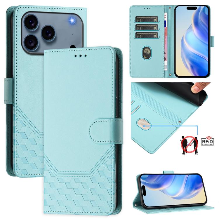 غطاء هاتف جلدي بنقش خلية النحل مع حماية RFID، لهواتف iPhone 17e / 16e، iPhone 17 Pro Max، iPhone 17 Pro، iPhone 17، iPhone Air، iPhone 16 Pro Max، iPhone 16 Pro، iPhone 16 Plus