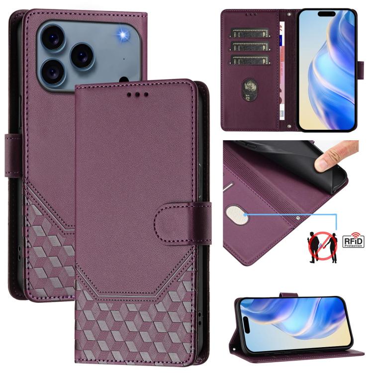 غطاء هاتف جلدي بنقش خلية النحل مع حماية RFID، لهواتف iPhone 17e / 16e، iPhone 17 Pro Max، iPhone 17 Pro، iPhone 17، iPhone Air، iPhone 16 Pro Max، iPhone 16 Pro، iPhone 16 Plus