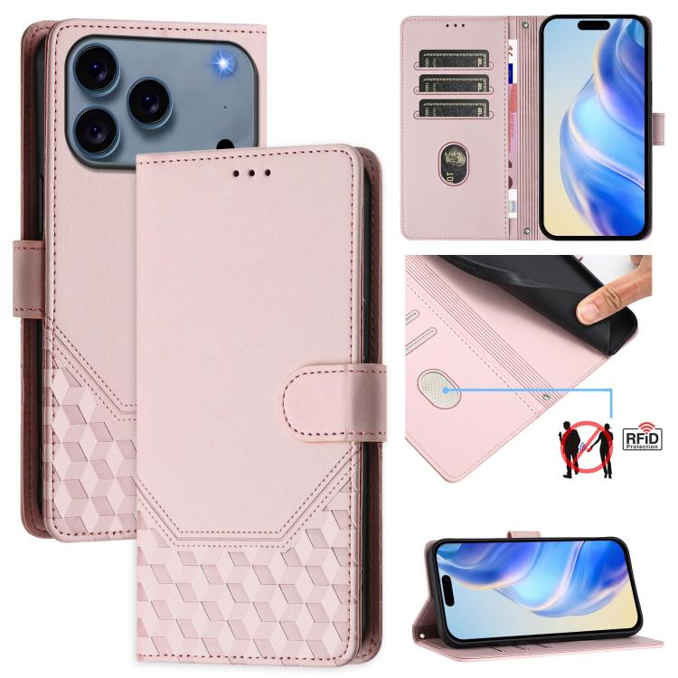 غطاء هاتف جلدي بنقش خلية النحل مع حماية RFID، لهواتف iPhone 17e / 16e، iPhone 17 Pro Max، iPhone 17 Pro، iPhone 17، iPhone Air، iPhone 16 Pro Max، iPhone 16 Pro، iPhone 16 Plus