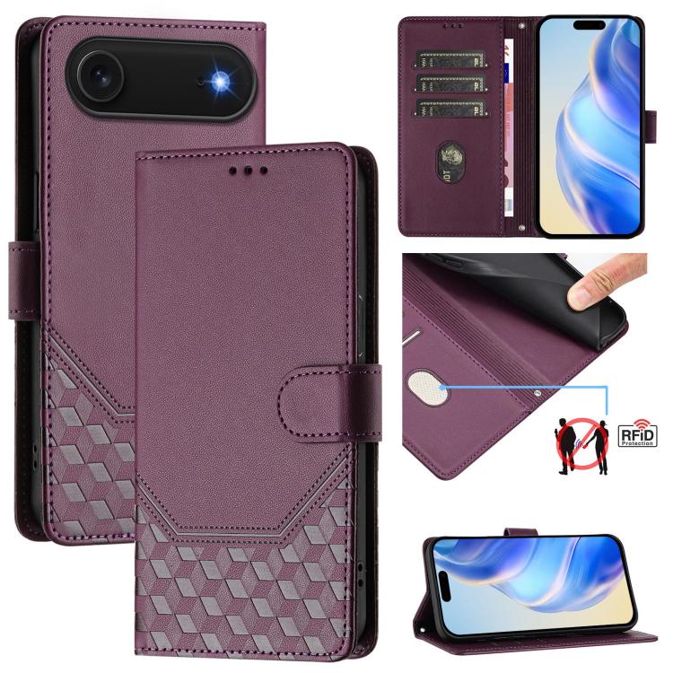 غطاء هاتف جلدي بنقش خلية النحل مع حماية RFID، لهواتف iPhone 17e / 16e، iPhone 17 Pro Max، iPhone 17 Pro، iPhone 17، iPhone Air، iPhone 16 Pro Max، iPhone 16 Pro، iPhone 16 Plus