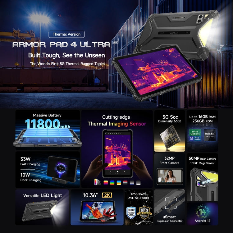 جهاز لوحي متين Ulefone Armor Pad 4 Ultra Thermal Version، شاشة 10.36 بوصة، أندرويد 14، معالج MediaTek Dimensity 6300 ثماني النواة، شبكة 5G، قابس الاتحاد الأوروبي، Armor Pad 4 Ultra Thermal Imaging