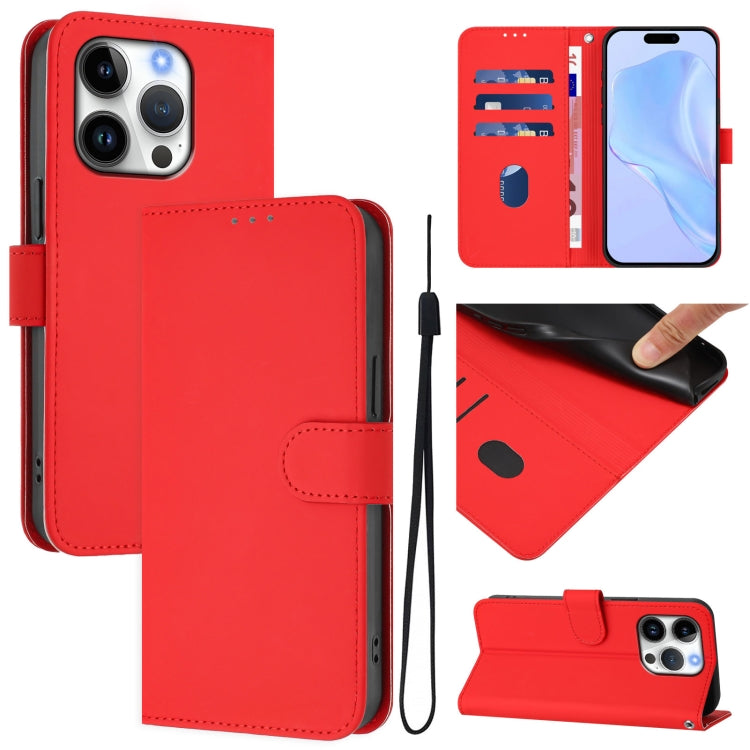 Skin Feel Solid Color Leather Phone Case with Lanyard, For iPhone 16 Pro, For iPhone 16 Plus
