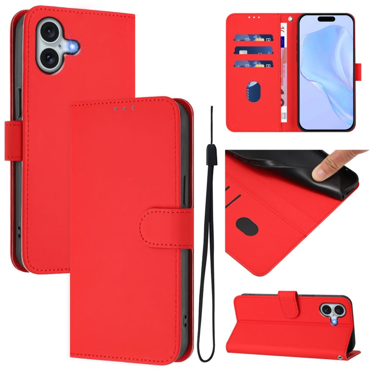 Skin Feel Solid Color Leather Phone Case with Lanyard, For iPhone 16 Pro, For iPhone 16 Plus