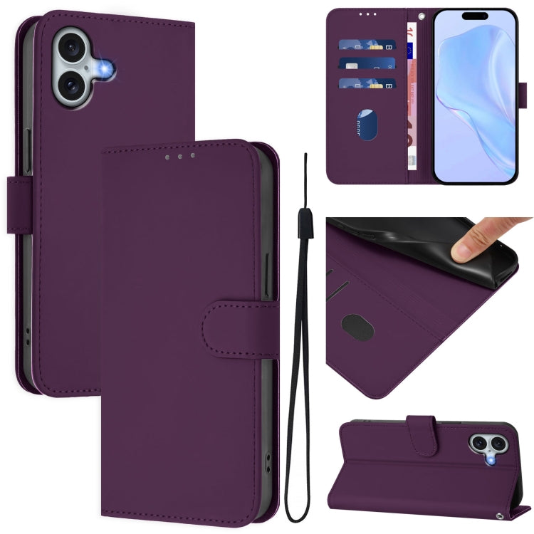 Skin Feel Solid Color Leather Phone Case with Lanyard, For iPhone 16 Pro, For iPhone 16 Plus