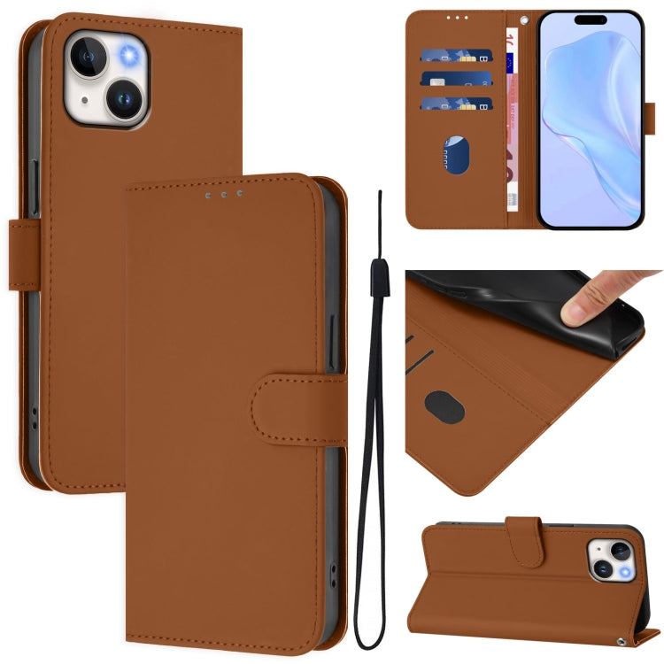 غطاء هاتف جلدي بلون صلب ملمس الجلد مع حبل معصم، لـ iPhone 14 / 13، iPhone 14 Pro