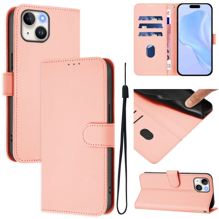 غطاء هاتف جلدي بلون صلب ملمس الجلد مع حبل معصم، لـ iPhone 14 / 13، iPhone 14 Pro