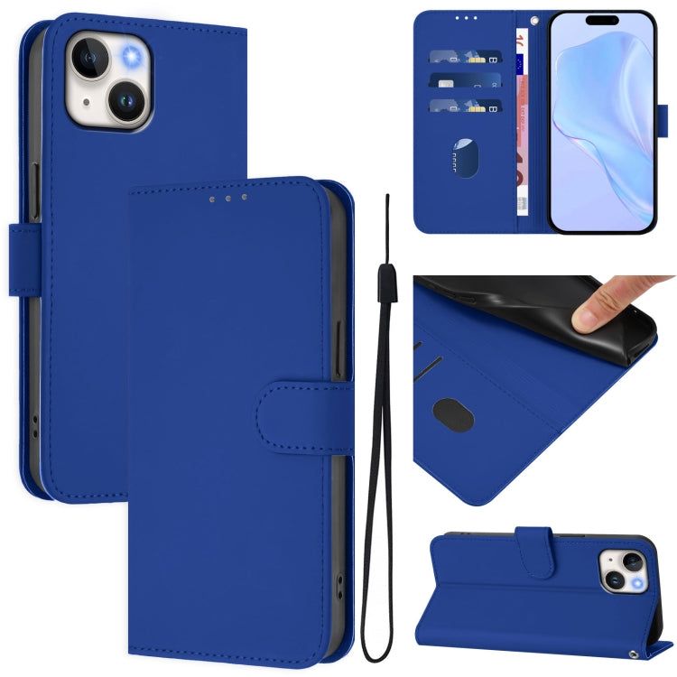 غطاء هاتف جلدي بلون صلب ملمس الجلد مع حبل معصم، لـ iPhone 14 / 13، iPhone 14 Pro