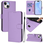 غطاء هاتف جلدي بلون صلب ملمس الجلد مع حبل معصم، لـ iPhone 14 / 13، iPhone 14 Pro