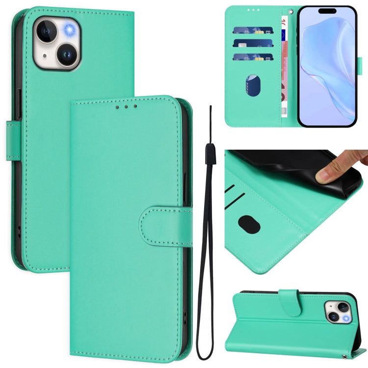 غطاء هاتف جلدي بلون صلب ملمس الجلد مع حبل معصم، لـ iPhone 14 / 13، iPhone 14 Pro