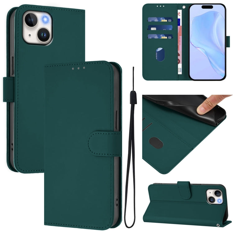 غطاء هاتف جلدي بلون صلب ملمس الجلد مع حبل معصم، لـ iPhone 14 / 13، iPhone 14 Pro
