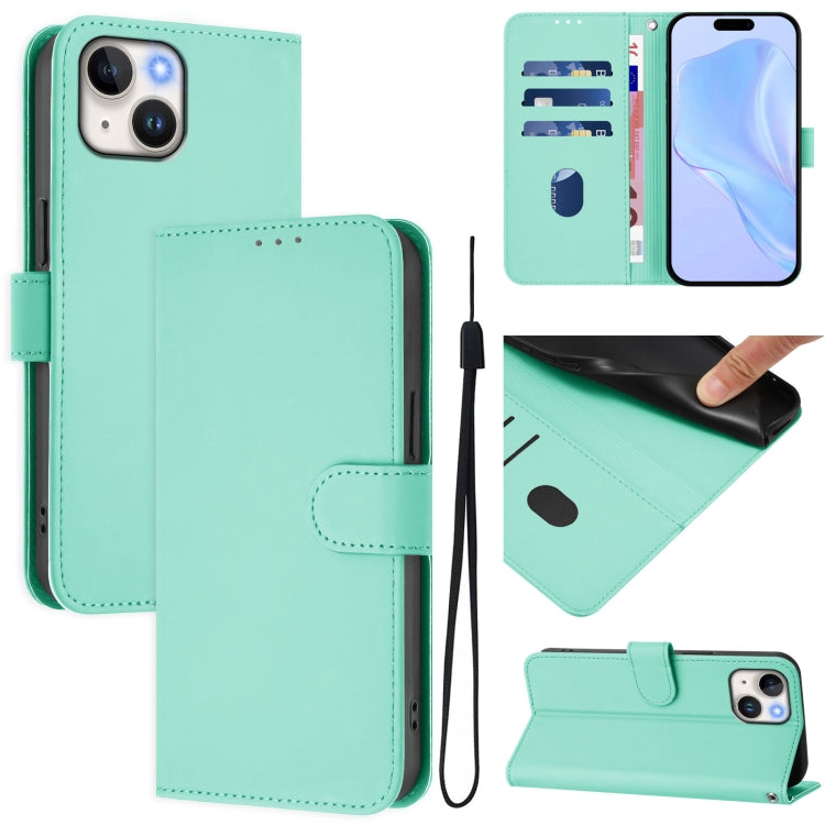 غطاء هاتف جلدي بلون صلب ملمس الجلد مع حبل معصم، لـ iPhone 14 / 13، iPhone 14 Pro