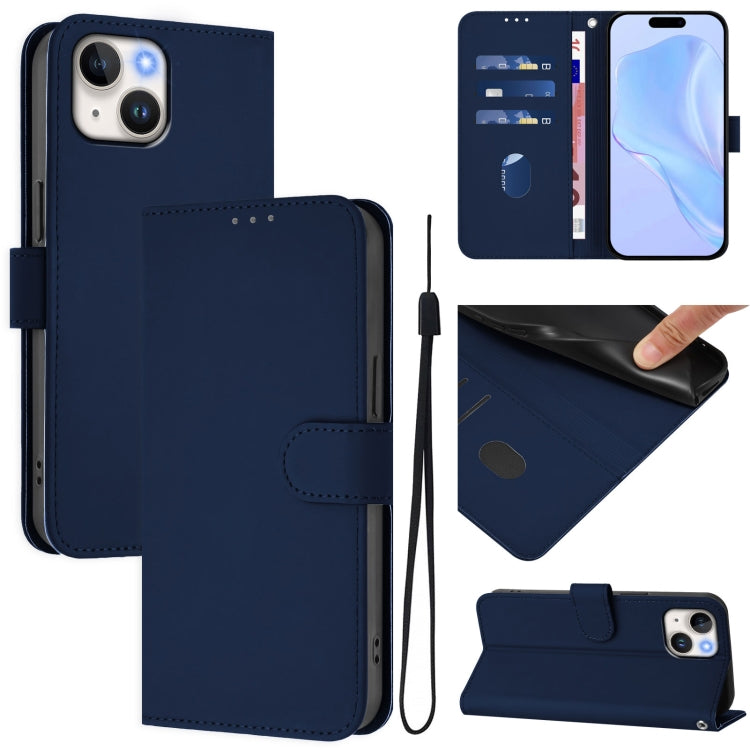غطاء هاتف جلدي بلون صلب ملمس الجلد مع حبل معصم، لـ iPhone 14 / 13، iPhone 14 Pro