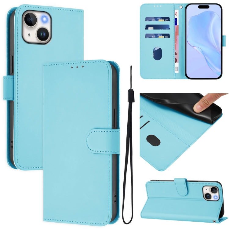 غطاء هاتف جلدي بلون صلب ملمس الجلد مع حبل معصم، لـ iPhone 14 / 13، iPhone 14 Pro
