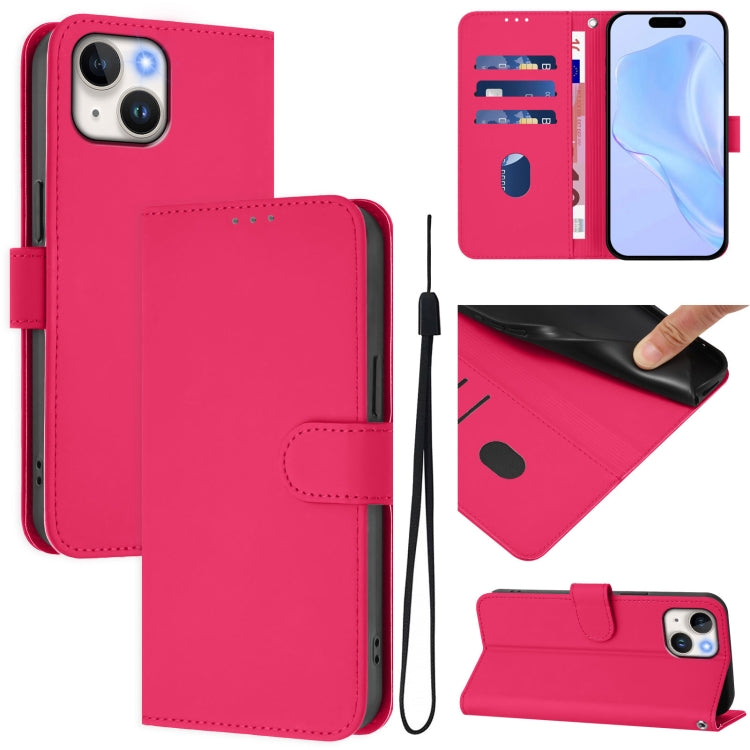 غطاء هاتف جلدي بلون صلب ملمس الجلد مع حبل معصم، لـ iPhone 14 / 13، iPhone 14 Pro