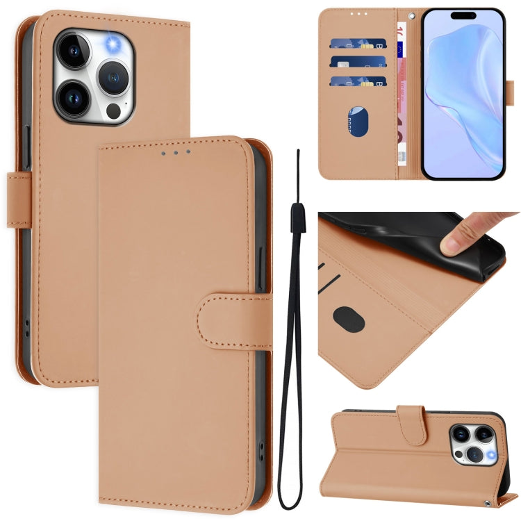 غطاء هاتف جلدي بلون صلب ملمس الجلد مع حبل معصم، لـ iPhone 14 / 13، iPhone 14 Pro