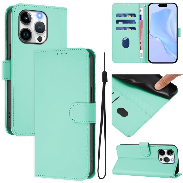 غطاء هاتف جلدي بلون صلب ملمس الجلد مع حبل معصم، لـ iPhone 14 / 13، iPhone 14 Pro