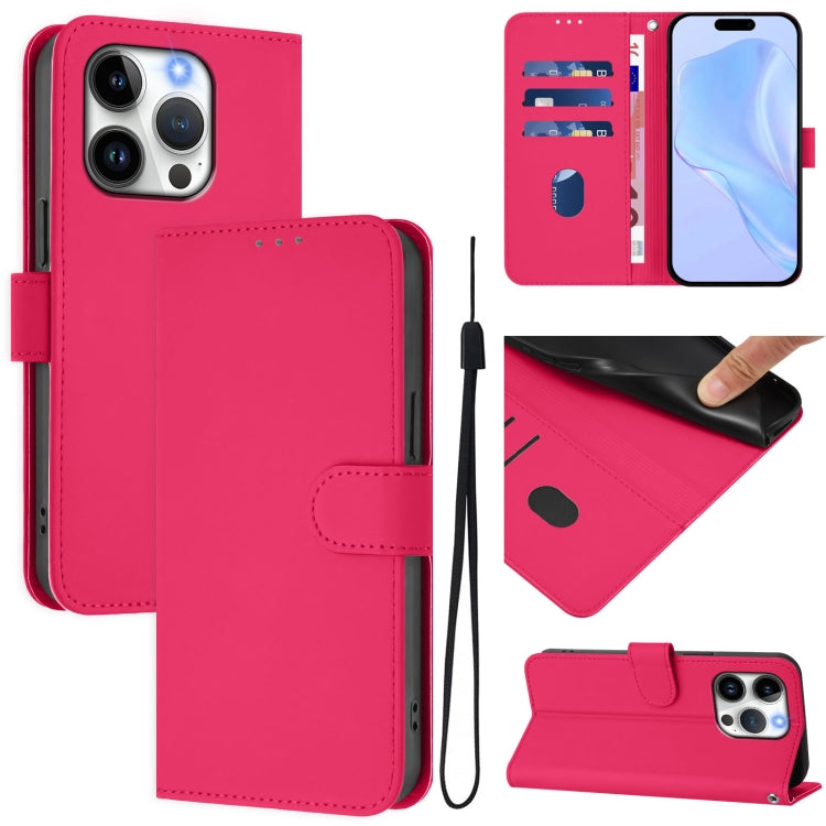 غطاء هاتف جلدي بلون صلب ملمس الجلد مع حبل معصم، لـ iPhone 14 / 13، iPhone 14 Pro