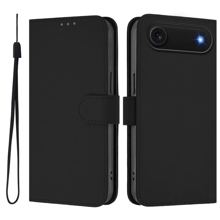غطاء هاتف جلدي بلون صلب مع ملمس يشبه الجلد وحبل معصم، لهواتف iPhone Air، iPhone 16 Pro Max