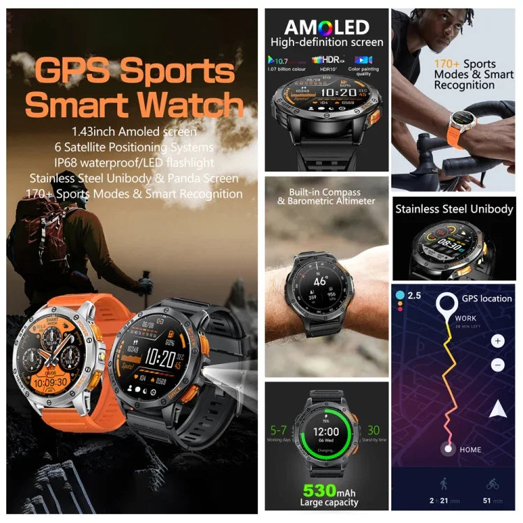 ساعة ذكية LEMFO K67 بشاشة AMOLED مقاس 1.43 بوصة، GPS، رياضية، تدعم مكالمات بلوتوث / مراقبة الصحة