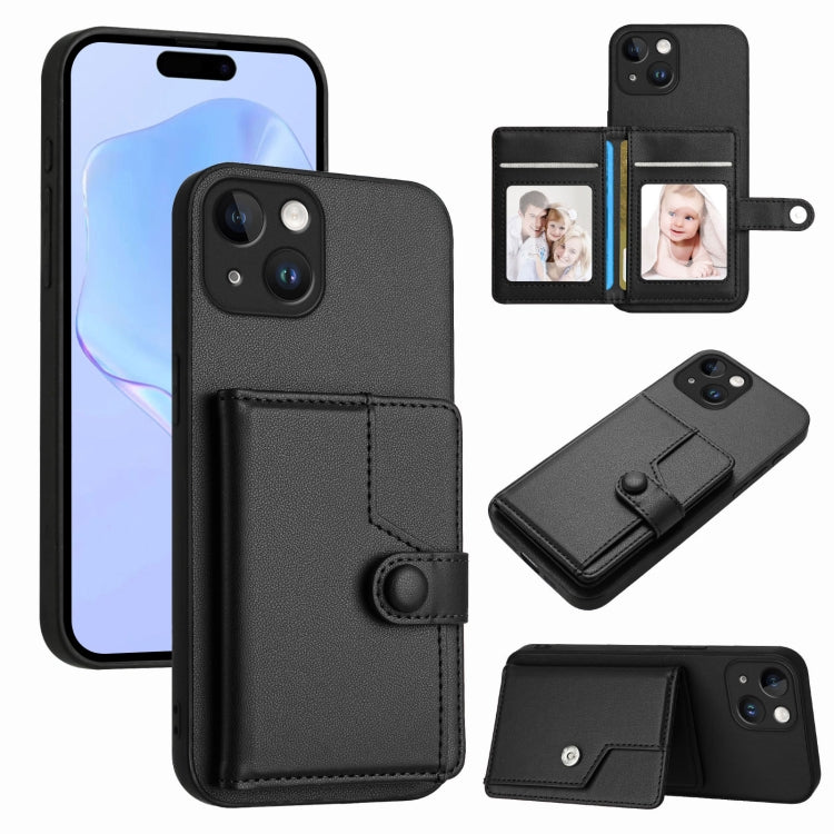 غطاء هاتف محفظة بطاقات بزر مع حماية RFID ضد السرقة، لهواتف iPhone SE 2022 / 2020، iPhone 13 Pro Max، iPhone 13 Pro، iPhone 13، iPhone 13 mini، iPhone 12، iPhone 12 Pro Max، iPhone 12 Pro