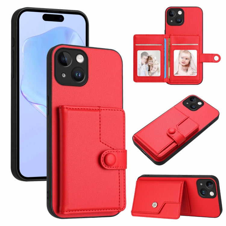غطاء هاتف محفظة بطاقات بزر مع حماية RFID ضد السرقة، لهواتف iPhone SE 2022 / 2020، iPhone 13 Pro Max، iPhone 13 Pro، iPhone 13، iPhone 13 mini، iPhone 12، iPhone 12 Pro Max، iPhone 12 Pro